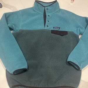 Patagonia old school Men's Blue and Gray Fleece Jacket